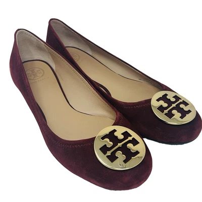 Tory Burch Ballet Pisos Talla 10.5 Reva Borgoña Gamuza Oro Logo Medallón Foto 1 de 4