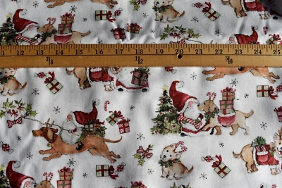 GNOMES AND PUPPIES CHRISTMAS  WINGET PRINT 100% COTTON FABRIC  66X43 INCHES - Image 1 of 3