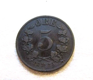 Norway 1875 5 Ore Bronze Old Coin - Picture 1 of 8