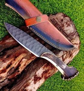 Handmade Full Tang Deer Antler Handle Hunting Bowie With Leather Sheath - Picture 1 of 4