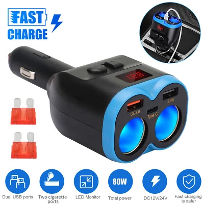 5in1 Car Cigarette Lighter Socket Splitter 12V-24V Dual USB & PD Charger Adapter