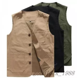US XS-6X LMens Cotton Pockets Sleeveless Large Size Short Waistcoat Casual Vest - Bild 1 von 11
