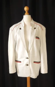 White Leather Breasted Red Green Stripe Accent Blazer Size S M - Picture 1 of 19