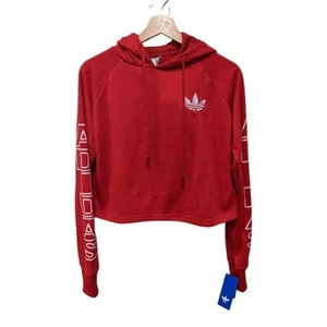 New Adidas Womens Sz Small Cropped Pullover Hoodie Red Cotton Blend Long Sleeves - Picture 1 of 12