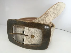 Distressed White Real Leather Belt with Antique Brass Style Buckle 1 1/2" WX4 - Picture 1 of 4