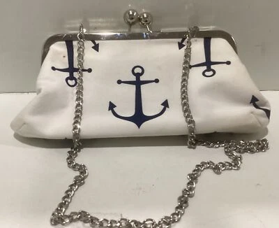 Donna Dixon Handbag Kiss Clasp Shoulder Bag Chain Strap White W/ Blue Anchors - Image 1 of 4