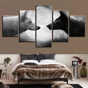 BLACK & WHITE WOLF Couple Full Moon Wolves Canvas Prints Painting Wall Art Decor - Picture 1 of 5