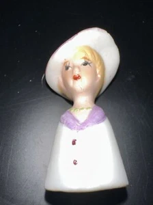 Thimble Proper Lady White & Purple Coat Floral Covered Hat Vintage Porcelain - Picture 1 of 5