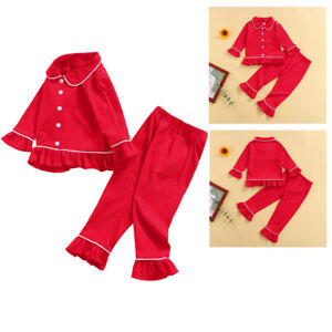Kids Baby Boys Girls Long-Sleeve Solid Nightwear Sleepwear Cotton Pajamas Suit
