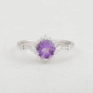 1.05 Ct Amethyst & Natural Diamonds Halo Ring 14k Solid White Gold - Picture 1 of 7