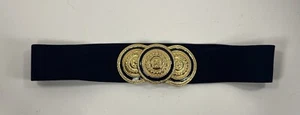 Vtg 80s Women Navy 2" Belt Gold Tone Big 5" Circle Metal Buckle Stretch 27-38" - Picture 1 of 6