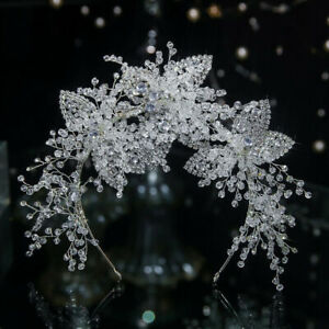 Large Flower Leaves Crystal Beads Wedding Bridal Prom Queen Tiara Headband