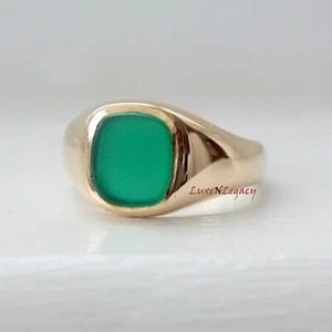 Green Onyx Ring Men Gold Signet Ring 925 Silver Art Deco Wedding Agate Ring Men - Picture 1 of 5