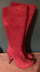 Duo Women's Red Suede Knee High Boots Size 7 with Elastic Side Panels and Zip - Picture 1 of 11