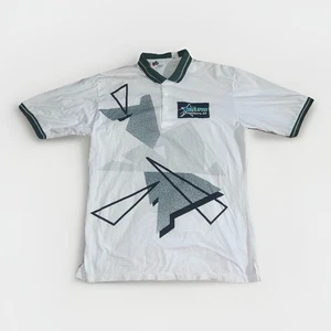 Vintage 90s Abstract Geometric Polo Shirt Large White Green Single Stitch Agassi - Bild 1 von 9
