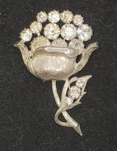 Vintage Large MCM Silver Flower Brooch Pin Prong Set Rhinestones Textured - Picture 1 of 12