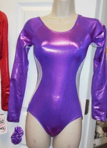 Long Sleeve Foil Leotard Purple Silver Gymnastics Leotard Girls 97113 - Picture 1 of 7