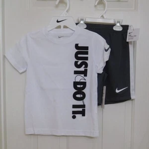 NWT 2pc Nike White Black Just Do It Logo Shirt & Gray Shorts Set sz 5 6 or 7 - Picture 1 of 1