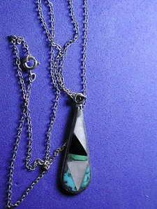 Antiguo Peón Navajo Plata Turquesa Negro Ónix Incrustaciones Colgante Cadena 18" Sin Firmar - Imagen 1 de 3