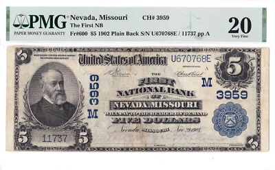 $5 1902 PB National NEVADA, MISSOURI MO 🇺🇸 PMG 20 Very Fine! 🇺🇸 - Image 1 of 2