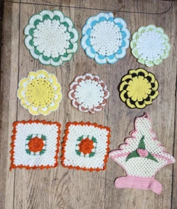 LOTE DE 9 POSAVASOS HECHOS A MANO DE COLECCIÓN GANCHILLO soportes para ollas diseños/colores Asst - Imagen 1 de 23