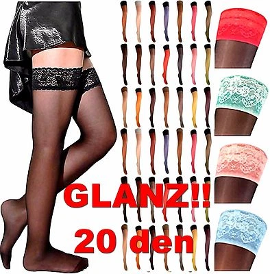 Halterlose Strümpfe Lycra glänzend mit Spitze 20 den alle Farben alle Grössen EU - Bild 1 von 4