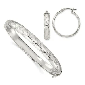 *BRAND NEW* Sterling Silver D/C 7.5mm Bangle and 5mm Hoop Earring Set - Picture 1 of 4