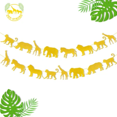 Jungle Safari Animal Banner Gold Glitter Zoo Garland Baby Shower Child Kids Boy  - Image 1 of 4