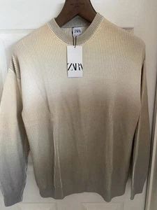🔥Zara Man Mens Size L PURL KNIT SWEATER Jumper Gradient Beige Sand Colour NEW - Picture 1 of 13