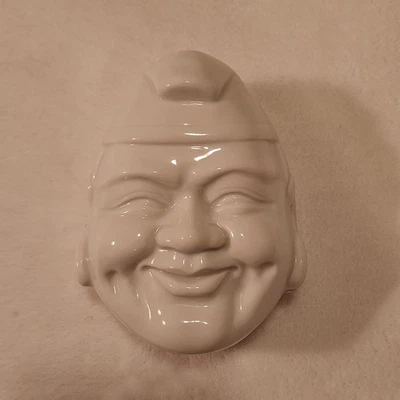 Mask Face Art Trinket Happy Peace Man Asian Buddha Porcelain White 2 Pc - Image 1 of 4