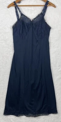 Vintage Henson Kickernick Full Slip Womens 38 Blue Silky Nylon Lace Lingerie - Image 1 of 4