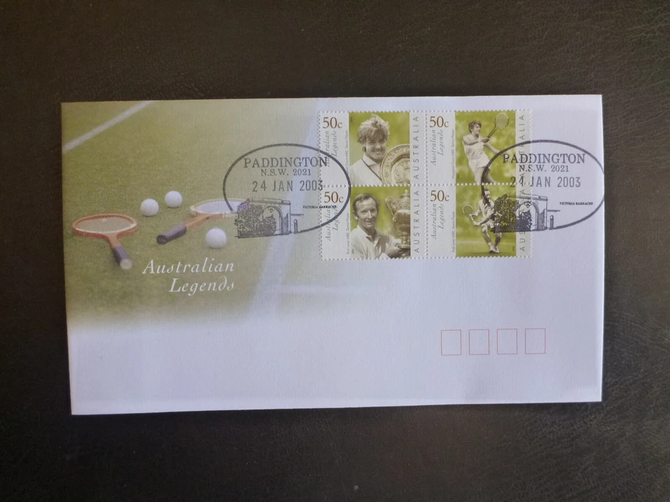 AUSTRALIAN LEGENDS 2003 TENNIS Blk 4 STAMPS FDC- PADDINGTON, NSW — 第 1/1 张图片