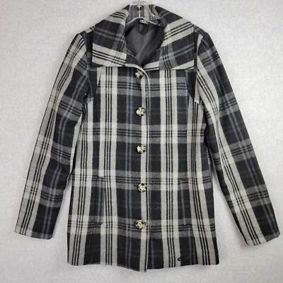Oakley Womens Sz Small Wool Blend Coat Button-up Jacket Plaid Gingham Black Gray - Image 1 of 4