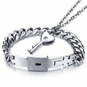 Couple Titanium Steel Love Heart Lock Bangle Bracelet & Key Pendant Necklace Set