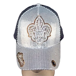 Silver Bling Sequin Fleur De Lis Trucker Mesh Adjustable Baseball Hat NOLA Cap - Picture 1 of 12