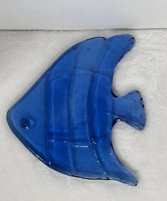 Recycled Art Glass Fish Cobalt Blue Plate Tray Paperweight Nautical Decor - Image 1 of 4