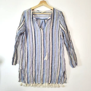 C&C California 100% Linen Womens SZ S Swim Cover-up Long Sleeves Tassels Striped - Picture 1 of 6