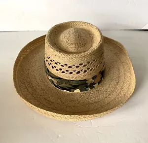 Mens STRAW Sun HAT Large Hawaiian FLORAL HAT BAND Beach Pool Golf ROLLED BRIM - Picture 1 of 2