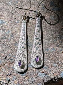 Pretty Upcycled Floral Teaspoon And Amethyst Sterling Silver Earrings .A20a - Bild 1 von 9