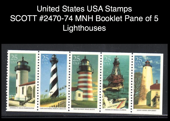 United States USA Stamps SCOTT #2470-74 MNH Booklet Pane of 5 Lighthouses - Image 1 of 1