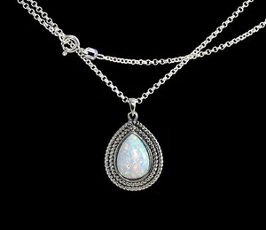 Opal Necklace.Pear Shaped 10X14mm .925 Sterling Silver - Picture 1 of 3