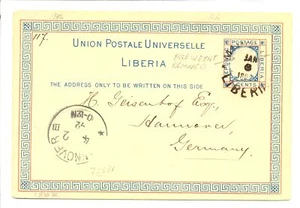 LIBERIA 1892 PS CARD TO GERMANY -CENTER STAMPS REMOVED- CENSOR ? F/VF  - Picture 1 of 2