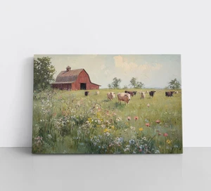 Impresión de pintura de vacas de campo de ganado de granero rojo, lienzo enmarcado arte de pared granja - Imagen 1 de 14