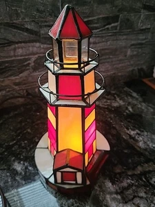 Vintage Tiffany Style Red & White Stained Glass Lighthouse Lamp Nautical Coastal - Picture 1 of 5
