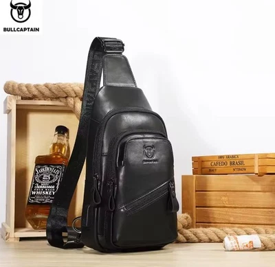 Mens Genuine Leather Chest Bag Crossbody Shoulder Bag Multiple Pockets - Image 1 of 4