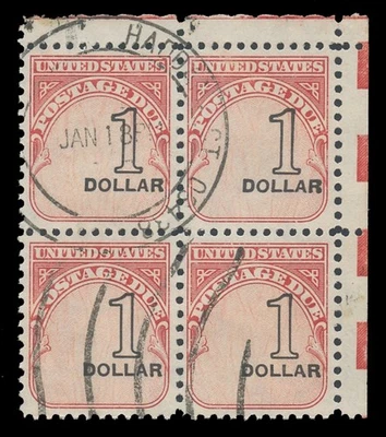 USA Sc. #J100, $1.00 BLOCK OF 4, STRONGLY SHIFTED TO THE RIGHT, USED - Image 1 of 2