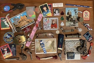 VTG Junk Drawer Lot 50+ Items Pliers, Watch, Belt Buckle, Postcard, Patches - Picture 1 of 11