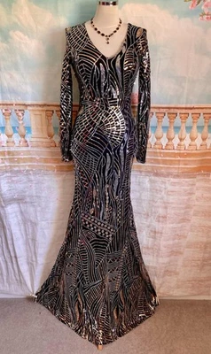 Dress 10 S Black Gold Silver Sequin Ballgown Fishtail Prom Evening Gatsby Maxi - Image 1 of 4