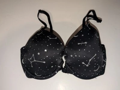Sujetador Push Up Victoria's Secret ROSA 34C Estrellas Celestiales Plateado Hada Luna Negra Foto 1 de 4