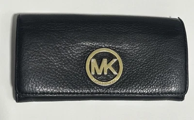 MICHAEL KORS WALLET Leather Long Style Black Gold Logo W7-1/2” x H4” x D1” - Image 1 of 4